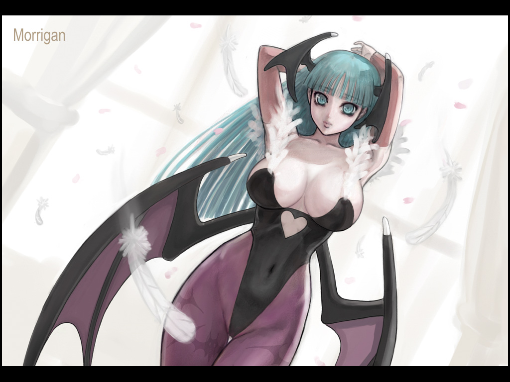 ark (morita hitomi), morrigan aensland, capcom, darkstalkers, 1girl, animal print, bat print, bat wings, breasts, character name, demon girl, female focus, green eyes, green hair, head wings, large breasts, matching hair/eyes, pantyhose, patterned legwear, print pantyhose, solo, wings