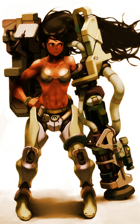 tomioka jirou, original, 1girl, abs, bikini, bikini top only, black hair, cyborg, female focus, hand on own hip, hip focus, long hair, mecha musume, muscular, muscular female, solo, swimsuit, wind