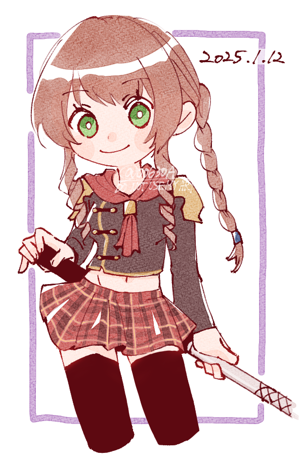 nitoya 00630a, cinque (fft-0), final fantasy, final fantasy type-0, 1girl, black thighhighs, braid, braided ponytail, brown hair, cropped legs, dated, green eyes, holding, holding weapon, long hair, midriff, plaid clothes, plaid skirt, red skirt, sidelocks, skirt, smile, solo, thighhighs, watermark, weapon, white background, zettai ryouiki