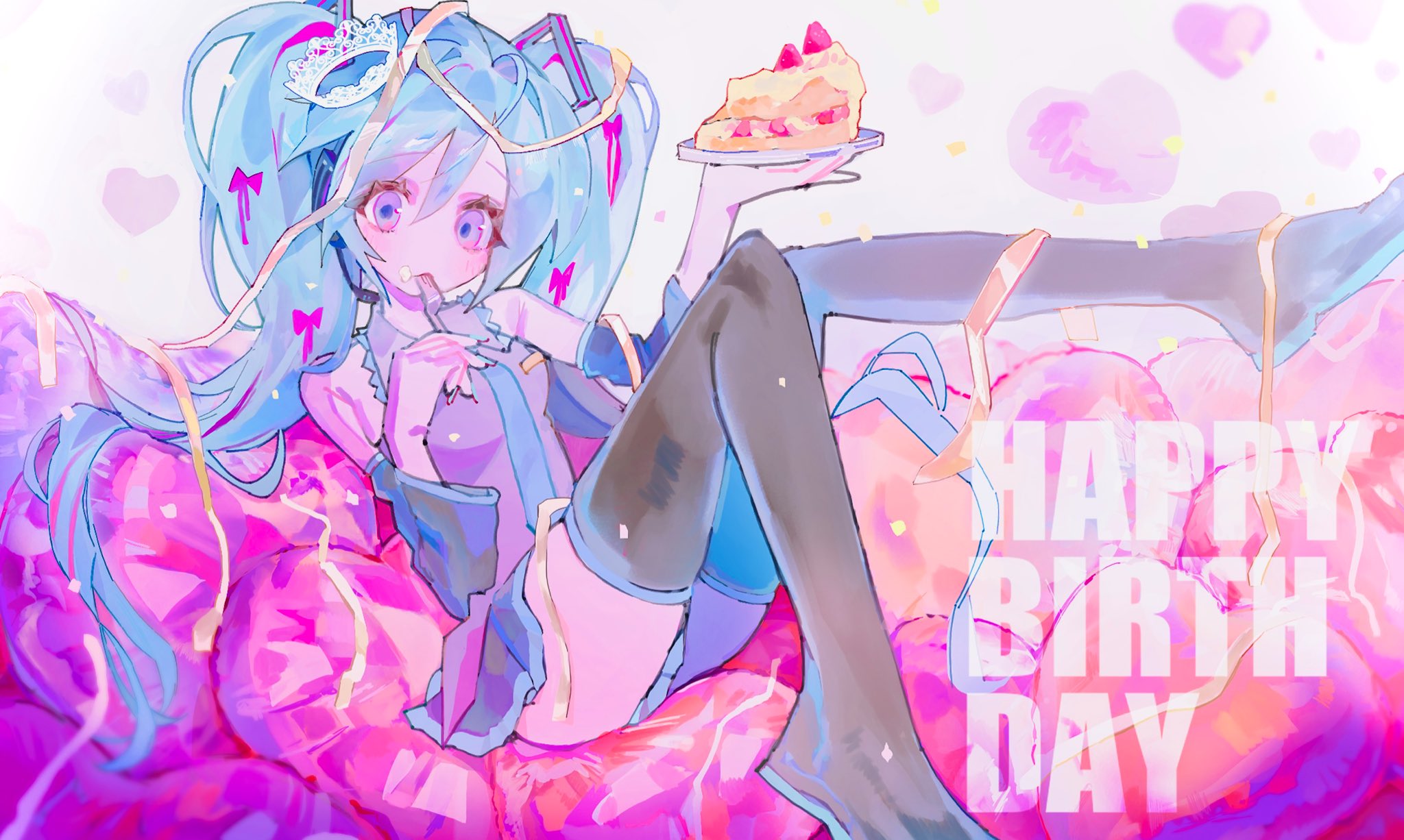 ao 6336, hatsune miku, vocaloid, highres, 1girl, aqua hair, aqua necktie, bare shoulders, birthday cake, black skirt, black sleeves, black thighhighs, blue eyes, blue hair, blue necktie, boots, cake, cake slice, detached sleeves, eating, food, fork, fruit, grey shirt, hair between eyes, hair ornament, happy birthday, headset, heart, holding, holding cake, holding food, holding fork, holding plate, long hair, looking at viewer, necktie, panties, plate, pleated skirt, shirt, sitting, skirt, sleeveless, sleeveless shirt, solo, strawberry, thigh boots, thighhighs, twintails, underwear, utensil in mouth, very long hair