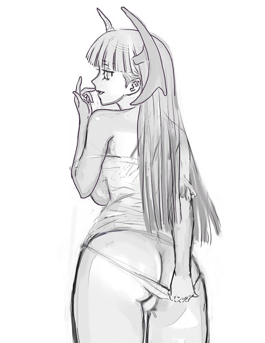 ark (morita hitomi), morrigan aensland, capcom, darkstalkers, lowres, 1girl, ass, back, bare shoulders, breasts, demon girl, female focus, greyscale, head wings, large breasts, long hair, looking back, monochrome, panties, panty pull, pantyshot, skirt, solo, underwear, wings