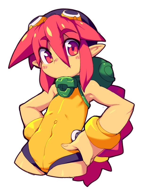 metata, korone (metata), original, 1girl, braid, braided ponytail, cropped legs, flat chest, long hair, looking at viewer, one-piece swimsuit, pointy ears, red eyes, red hair, simple background, solo, swimsuit, very long hair