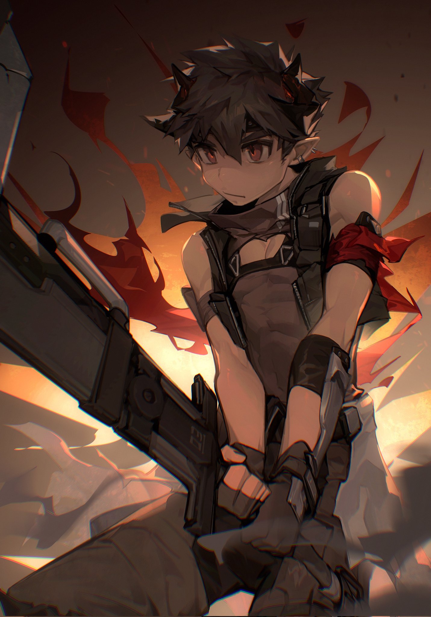 odda (arknights), arknights, highres, 1boy, arm belt, armband, black gloves, black hair, black headband, black pants, black tank top, black vest, covered abs, cowboy shot, dark-skinned male, dark skin, demon boy, demon horns, ear piercing, fiery background, fighting stance, fingerless gloves, fire, gauntlets, gloves, headband, holding, holding weapon, horns, male focus, open clothes, open vest, pants, piercing, pointy ears, red armband, red eyes, serious, shaded face, sleeveless, sleeveless vest, tank top, toned, toned male, vest, weapon