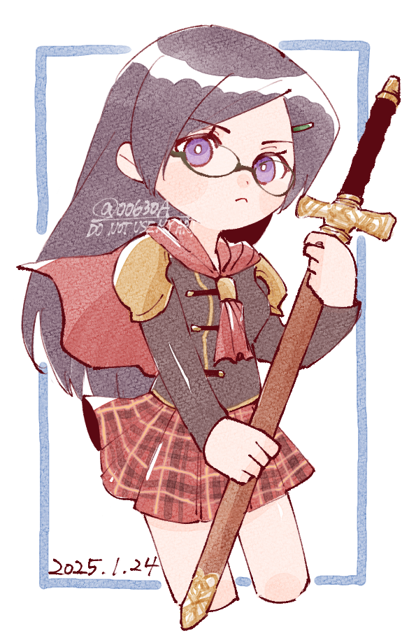 nitoya 00630a, queen (fft-0), final fantasy, final fantasy type-0, 1girl, black hair, black pants, cape, cropped legs, dated, frown, glasses, hair ornament, hairpin, holding, holding sword, holding weapon, long hair, looking at viewer, pants, plaid clothes, plaid skirt, purple eyes, red cape, red skirt, sheath, sheathed, skirt, solo, sword, watermark, weapon