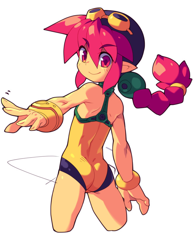 metata, korone (metata), original, 1girl, ass, braid, braided ponytail, flat chest, from behind, goggles, goggles on head, long hair, looking at viewer, looking back, pointy ears, red eyes, red hair, simple background, smile, solo, white background