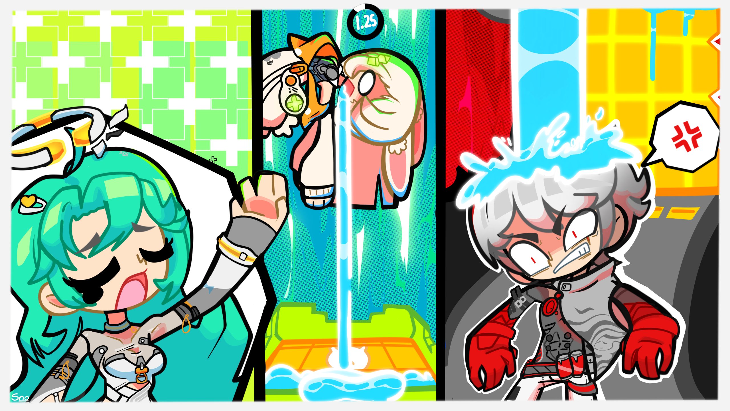 kira (trigger of fate the novita), fate trigger: the novita, highres, 1boy, 2girls, animal ears, camille (trigger of fate the novita), closed eyes, green hair, hair ornament, hair over one eye, hand up, hands up, long hair, looking at viewer, multiple girls, open mouth, rabbit ears, red eyes, ryoin (trigger of fate the novita), white hair