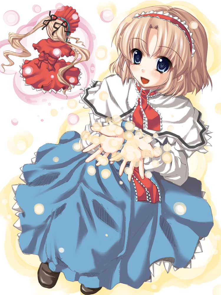 ichio, alice margatroid, patchouli knowledge, shinku, rozen maiden, touhou, 00s, 2girls, blonde hair, blue dress, blush, crossover, detached sleeves, dress, frills, hairband, long sleeves, looking at viewer, magic, multiple girls, necktie, red dress, red necktie, short hair, tareme