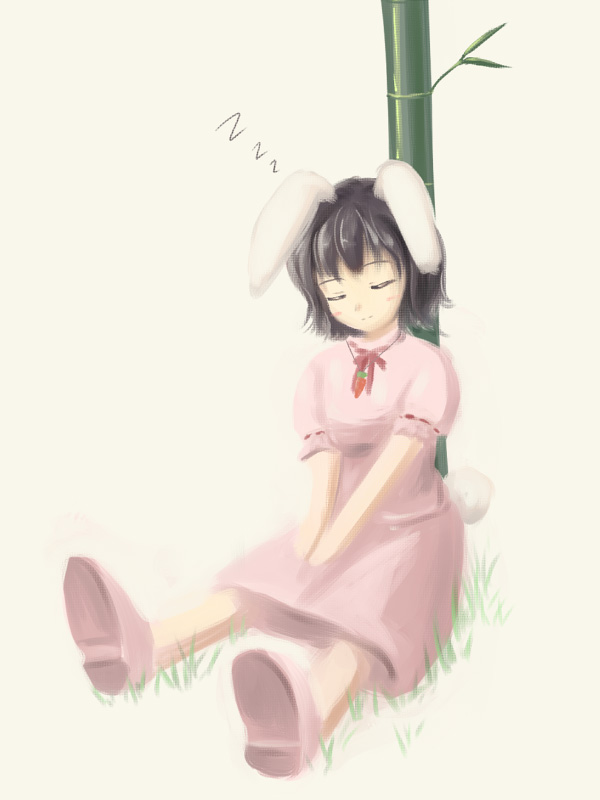 tdk, inaba tewi, phantasmagoria of flower view, touhou, bad id, bad pixiv id, 1girl, animal ears, bamboo, carrot, dress, female focus, full body, jewelry, nature, necklace, outdoors, plant, rabbit ears, sleeping, solo
