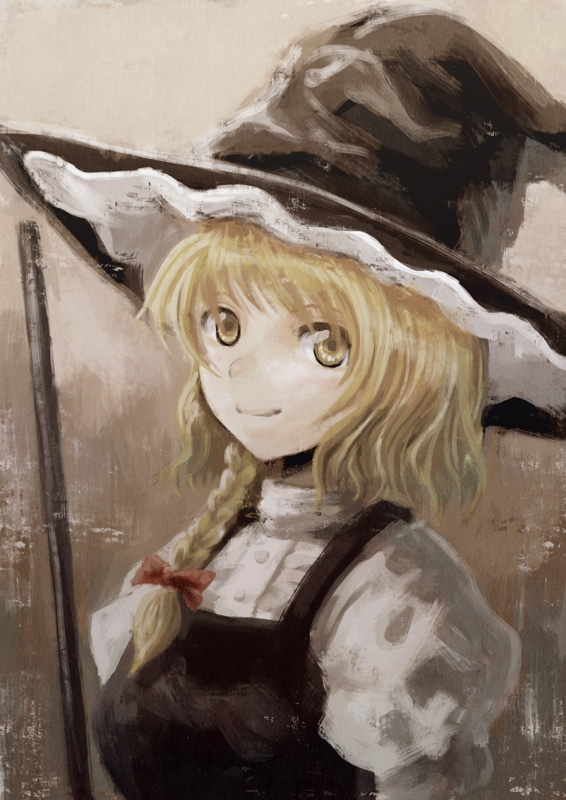 hyuuga azuri, kirisame marisa, touhou, 1girl, blonde hair, braid, broom, female focus, hat, smile, solo, witch, witch hat