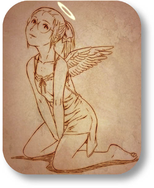 aaru sentou shuudan, hikari (haibane), haibane renmei, 00s, 1girl, barefoot, brown theme, female focus, glasses, halo, kneeling, lingerie, monochrome, nightgown, ponytail, rounded corners, solo, traditional halo, underwear, wings
