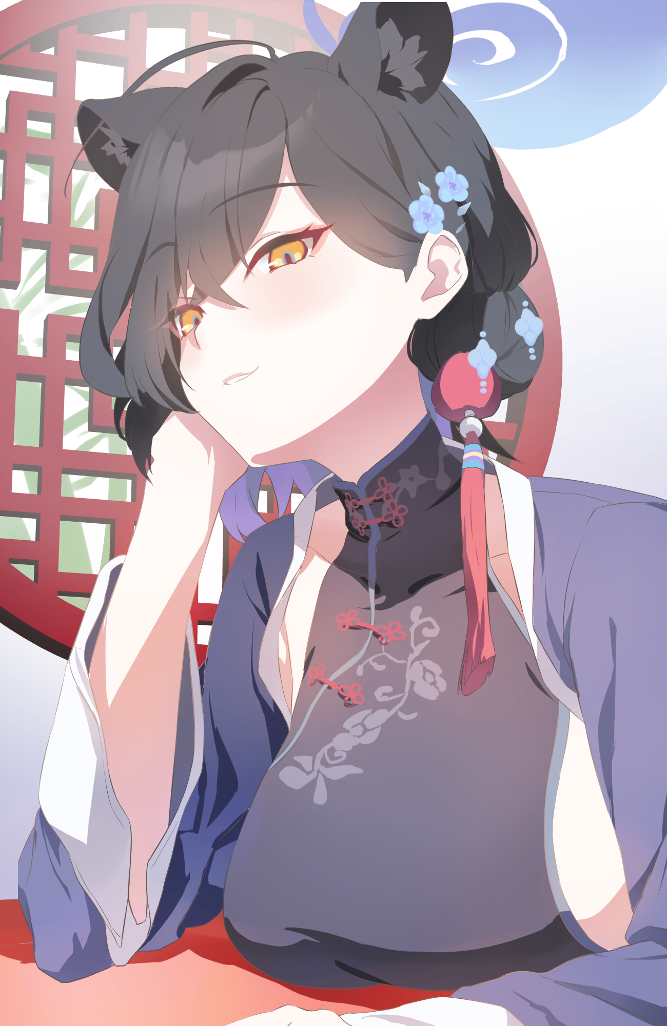 kuu (user gngs5284), kaguya (blue archive), blue archive, highres, 1girl, animal ears, black dress, black hair, blue shrug, blush, breasts, china dress, chinese clothes, colored inner hair, dress, eyeliner, hair bun, hair ornament, halo, large breasts, long sleeves, looking at viewer, makeup, multicolored hair, panther ears, panther girl, panther tail, purple hair, short hair, sideboob, smile, solo, tail, tassel, yellow eyes