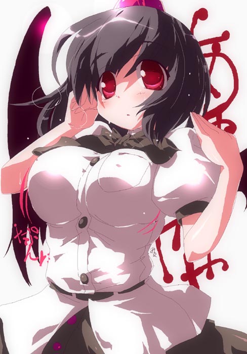 miuku (marine sapphire), shirogane (platinum), shameimaru aya, touhou, 1girl, black wings, blush, breasts, expressionless, female focus, hat, large breasts, looking at viewer, red eyes, solo, wings