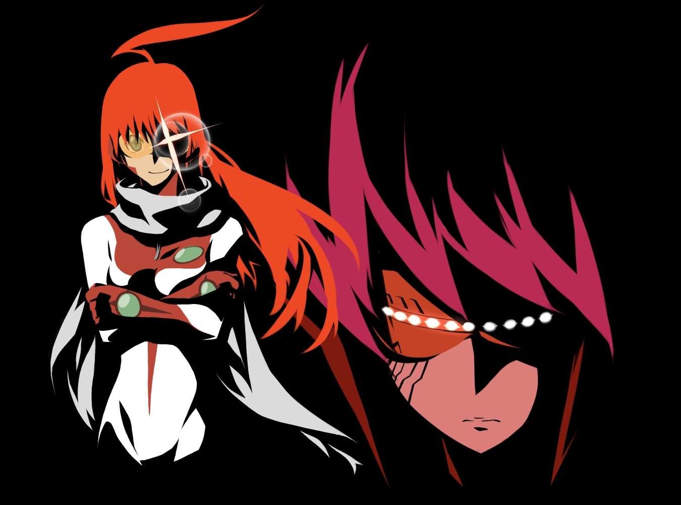 miyabi92m, buster machine 7, nono (top wo nerae 2!), top wo nerae! (series), top wo nerae 2!, + +, 00s, 1girl, ahoge, cross-shaped pupils, crossed arms, dual persona, glint, green eyes, long hair, mecha, orange-tinted eyewear, red hair, robot, scarf, sunglasses, symbol-shaped pupils, tinted eyewear