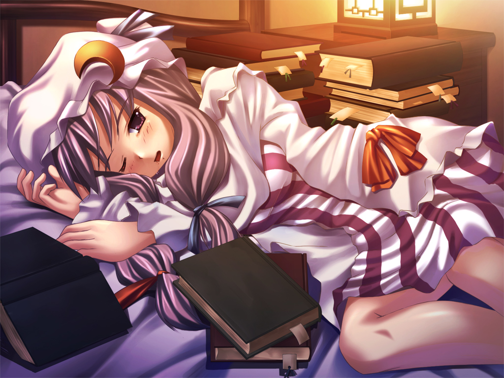 ichio, patchouli knowledge, touhou, 1girl, bed, book, female focus, indoors, lying, saliva, sleepy, solo