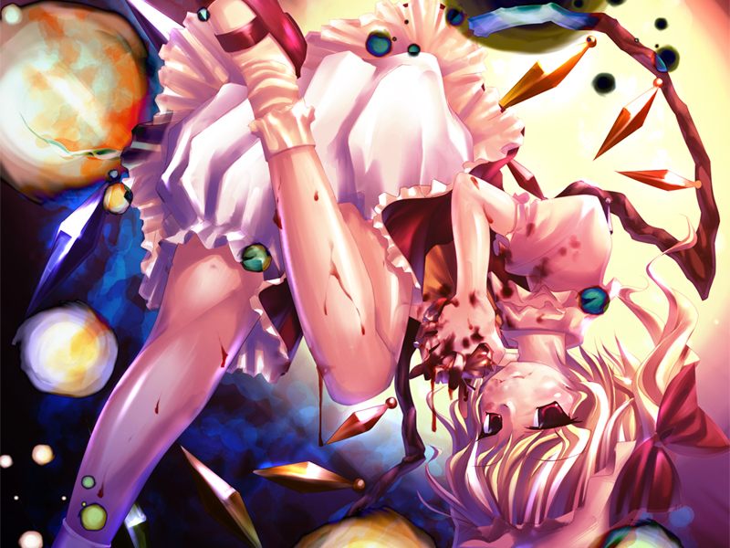 ichio, flandre scarlet, touhou, 1girl, blonde hair, blood, blouse, dress, female focus, hat, hat ribbon, looking at viewer, puffy sleeves, red eyes, red shoes, ribbon, shirt, shoes, short hair, side ponytail, socks, solo, white shirt, white socks, wings