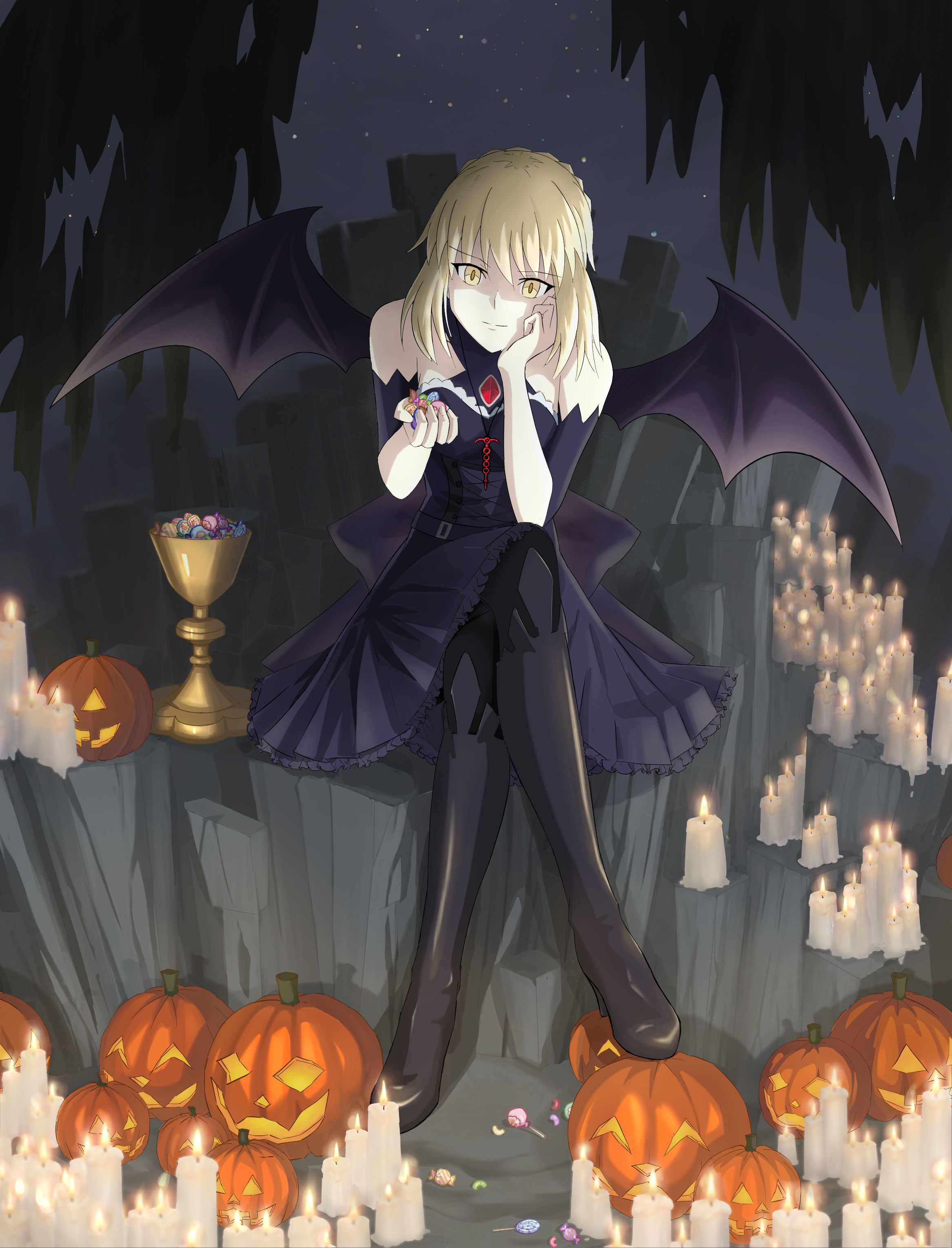 andychen662000, artoria pendragon (fate), saber alter, fate/grand order, fate (series), absurdres, highres, 1girl, black dress, blonde hair, bun with braided base, candle, candy, dress, fire, food, halloween, holding, holding candy, holding food, jack-o'-lantern, sidelocks, sky, solo, star (sky), starry sky, wings, yellow eyes