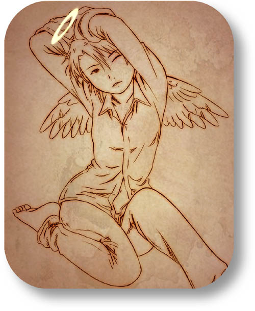 aaru sentou shuudan, kana, kana (haibane), haibane renmei, 00s, 1girl, androgynous, barefoot, brown theme, female focus, halo, monochrome, navel, pajamas, reverse trap, rounded corners, sitting, solo, traditional halo, wings