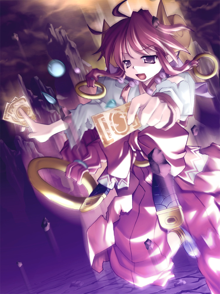 ichio, pink bloom miyabi, shinrabanshou, 1girl, card, female focus, hakama, hakama skirt, horns, japanese clothes, jewelry, magic, miko, open mouth, pink eyes, pink hair, red hakama, ring, skirt, solo, tarot, tarot card