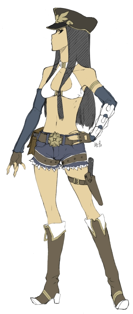 miyabi92m, original, 1girl, bare shoulders, black hair, boots, collar, female focus, fingerless gloves, gloves, gun, hat, holster, midriff, profile, shorts, solo, thigh holster, weapon