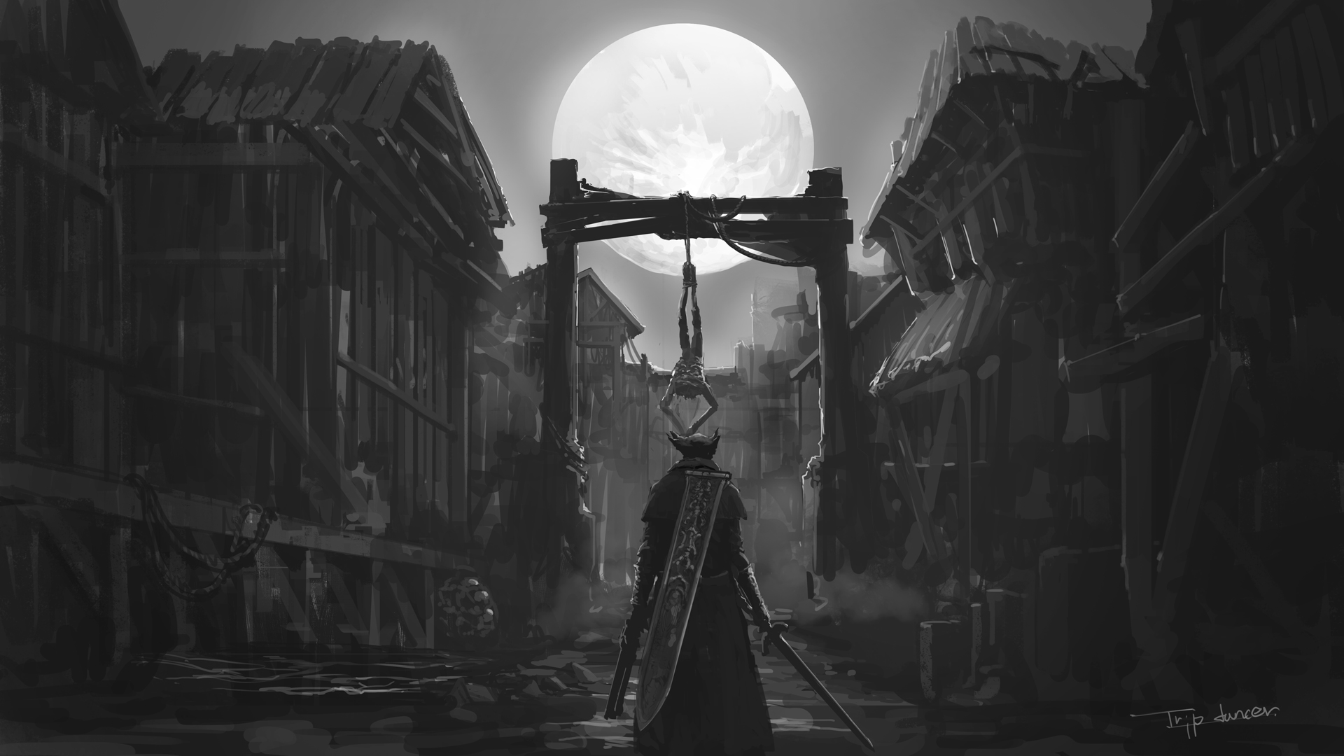 tripdancer, hunter (bloodborne), bloodborne, highres, 1boy, artist name, capelet, facing away, from behind, full body, gloves, greyscale, gun, handgun, hat, holding, holding gun, holding weapon, long sleeves, male focus, monochrome, moon, outdoors, saw, saw cleaver, shoes, skull, solo, standing, tricorne, weapon