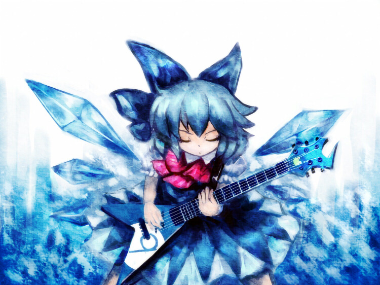 amii, cirno, touhou, bad id, bad pixiv id, 1girl, circled 9, dress, female focus, gradient background, guitar, instrument, solo, white background
