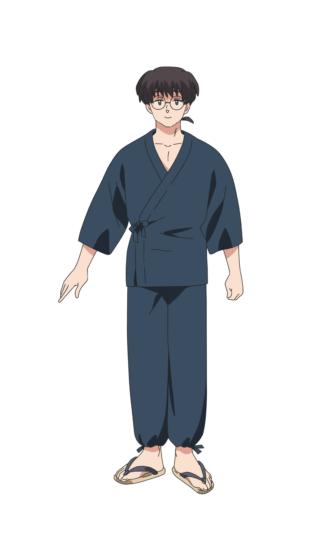 taniguchi hiromi, ranma 1/2, highres, official art, 1boy, anime coloring, brown hair, clenched hand, closed mouth, collarbone, dougi, full body, glasses, grey eyes, japanese clothes, looking at viewer, low ponytail, ono toufuu, open hand, outstretched arm, pants, ponytail, round eyewear, sandals, short hair, simple background, smile, solo, standing, tachi-e, three-quarter sleeves, transparent background, zouri