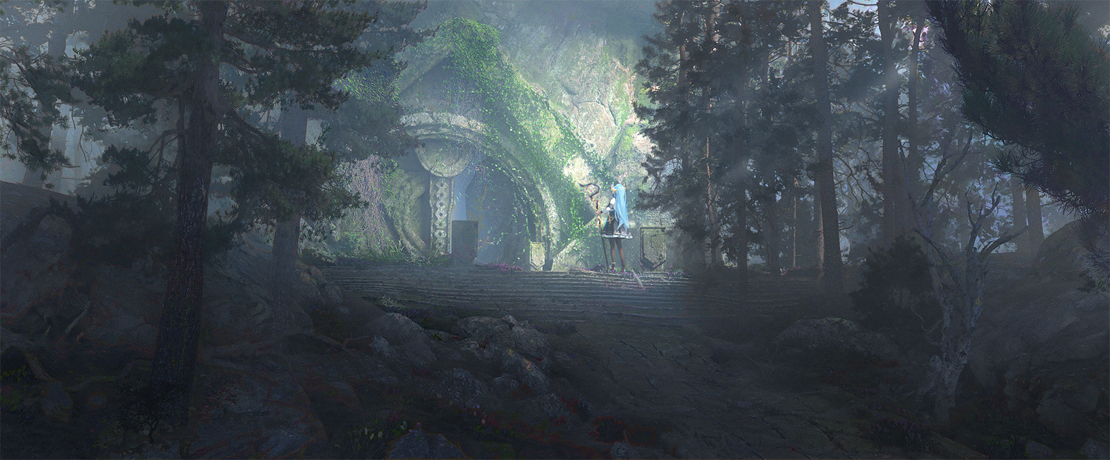 original, chinese commentary, commentary request, 1girl, black pantyhose, black skirt, blue hair, building, day, forest, from behind, holding, holding staff, long hair, nature, outdoors, overgrown, pantyhose, pine tree, scenery, skirt, staff, stairs, ten ken (s777666888), tree, very wide shot