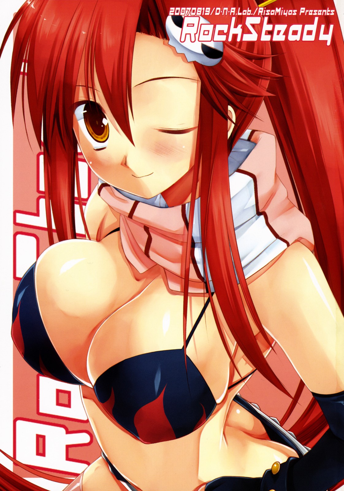 miyasu risa, yoko littner, tengen toppa gurren lagann, highres, 00s, 1girl, bikini, bikini top only, black bikini, breasts, cleavage, female focus, hair between eyes, large breasts, long hair, one eye closed, outside border, pink thighhighs, ponytail, red hair, scarf, short shorts, shorts, simple background, solo, striped clothes, striped scarf, swimsuit, thighhighs, wink, yellow eyes