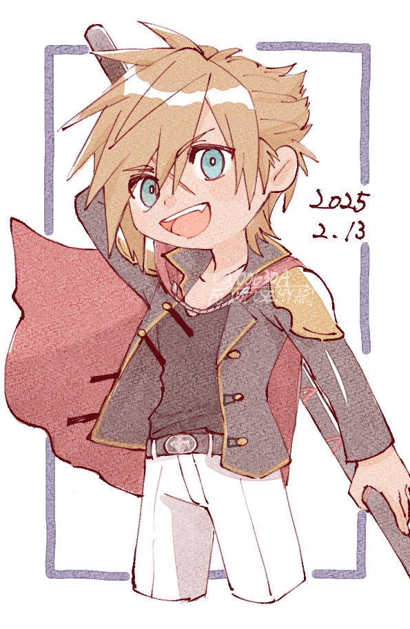 nitoya 00630a, nine (fft-0), final fantasy, final fantasy type-0, 1boy, :d, aqua eyes, belt, black jacket, black shirt, brown hair, cape, cropped legs, dated, fang, floating cape, holding, holding weapon, jacket, looking at viewer, male focus, open clothes, open jacket, open mouth, pants, red cape, scar, scar on face, shirt, short hair, smile, solo, spiked hair, watermark, weapon, white pants