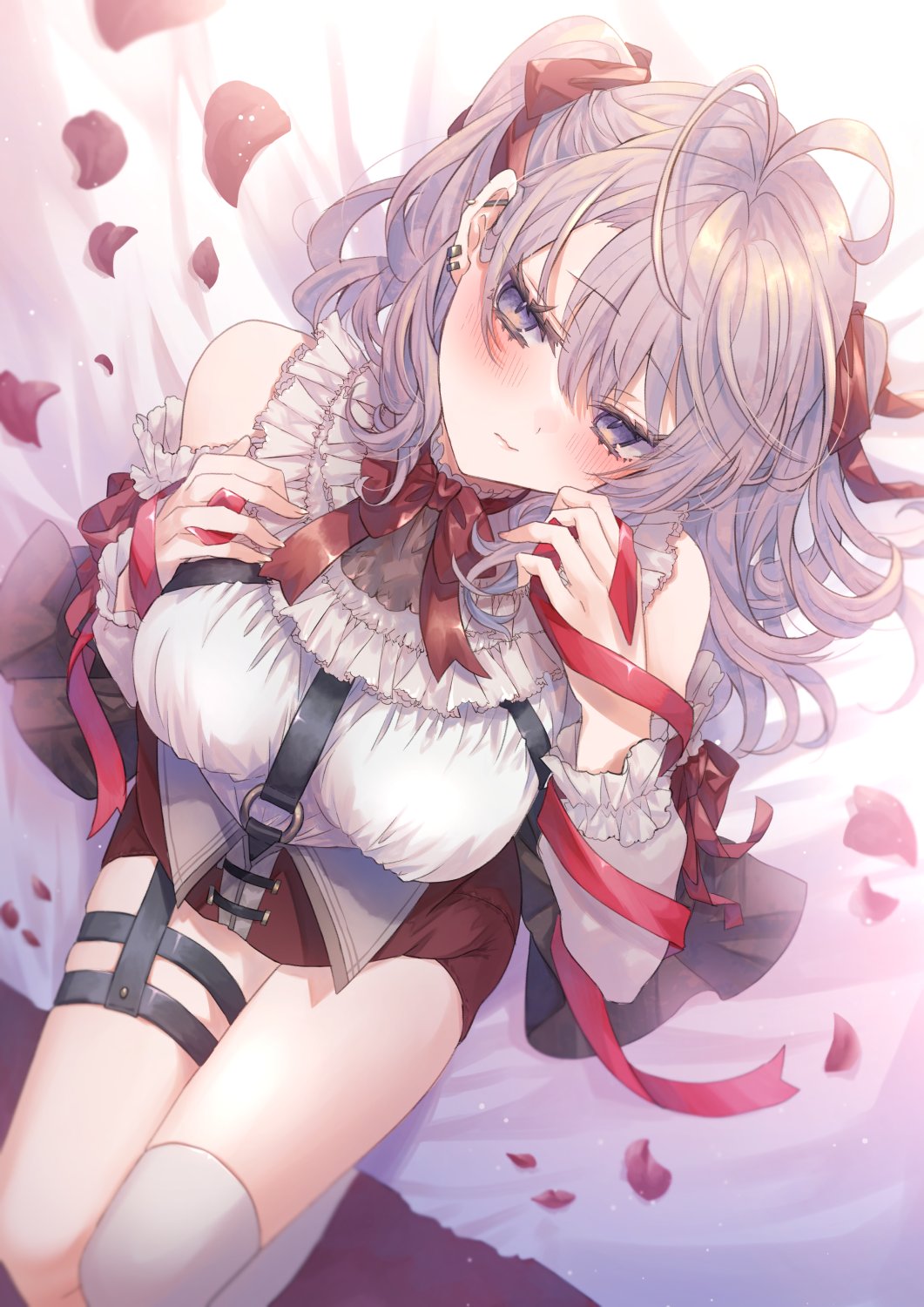shikino yuki, original, commentary request, highres, 1girl, antenna hair, blush, breasts, closed mouth, detached sleeves, grey hair, hair between eyes, hair ribbon, hands up, head tilt, large breasts, long hair, long sleeves, looking at viewer, purple eyes, red petals, red ribbon, red skirt, ribbon, shirt, single thighhigh, sitting, skirt, solo, thighhighs, twintails, white shirt, white thighhighs
