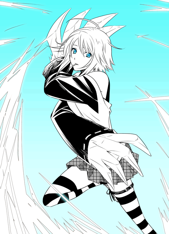 3u, shirayuki mizore, rosario+vampire, plaid, 00s, 1girl, ahoge, blue background, blue eyes, blue theme, claws, female focus, leg lift, monochrome, mouth hold, short hair, skirt, solo, striped clothes, striped thighhighs, thigh strap, thighhighs, zettai ryouiki