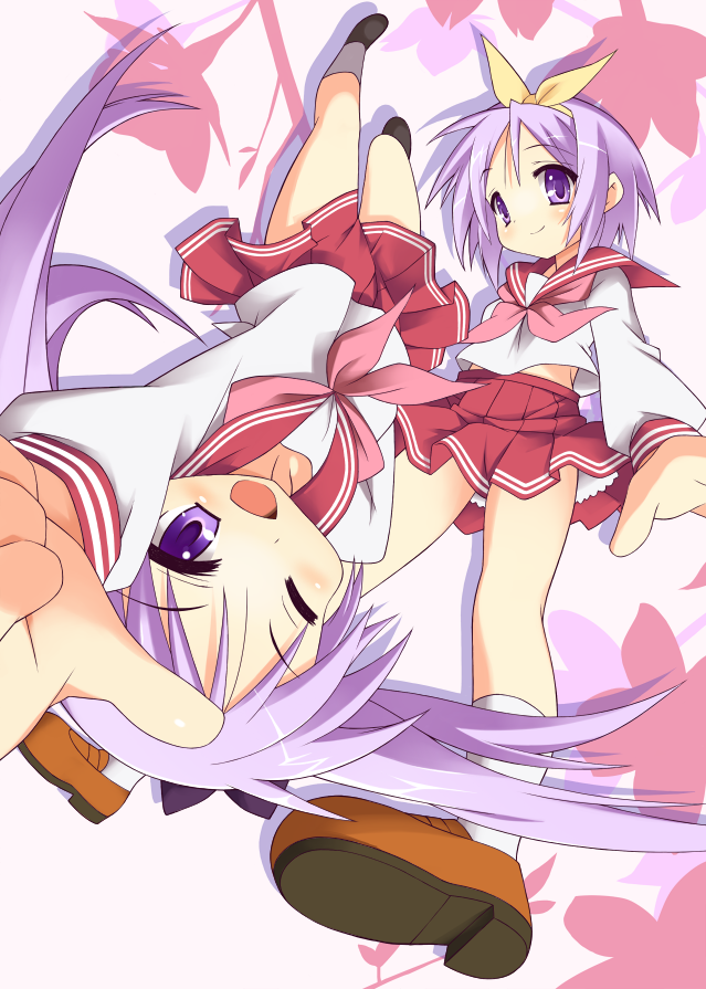 9law, hiiragi kagami, hiiragi tsukasa, lucky star, bad id, bad pixiv id, 00s, 2girls, ;d, blush, bow, bowtie, hair ribbon, hairband, loafers, long sleeves, looking at viewer, multiple girls, one eye closed, open mouth, pink bow, pink bowtie, pink eyes, pink hair, pleated skirt, red skirt, ribbon, sailor collar, school uniform, serafuku, shoes, short hair, siblings, sisters, skirt, smile, twins