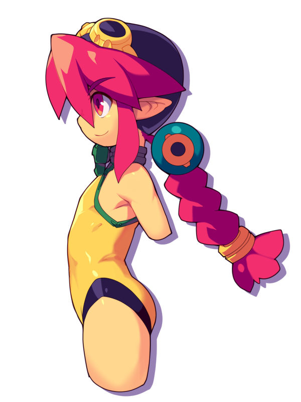 metata, korone (metata), original, 1girl, braid, braided ponytail, cropped arms, cropped legs, flat chest, from side, goggles, goggles on head, long hair, pointy ears, profile, red eyes, red hair, simple background, smile, solo, white background
