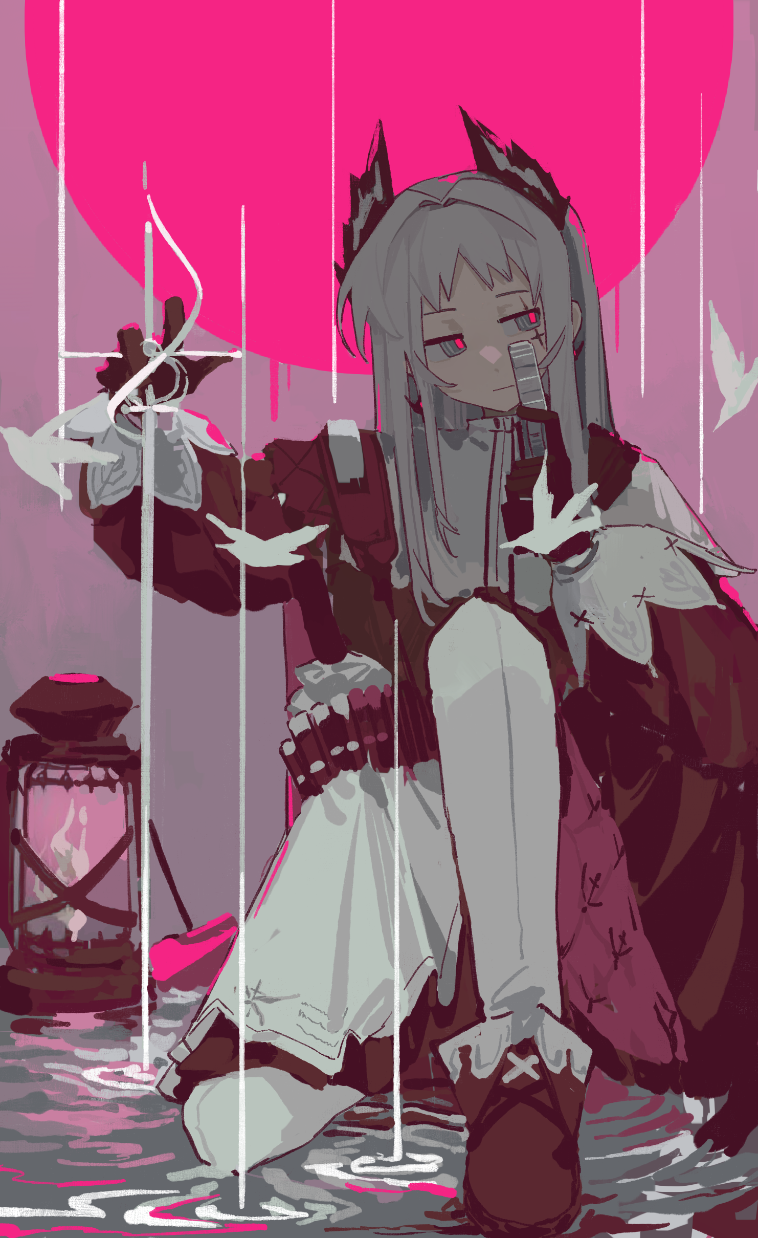 kattil a710, irene (arknights), arknights, absurdres, chinese commentary, commentary request, highres, 1girl, black gloves, black sweater, closed mouth, front-seamed legwear, full body, gloves, grey eyes, grey hair, gun, handgun, holding, holding gun, holding sword, holding weapon, lantern, long hair, long sleeves, looking to the side, on one knee, outdoors, pantyhose, pink pupils, puffy long sleeves, puffy sleeves, rain, rapier, scar, scar across eye, scar on face, seamed legwear, shaded face, sideways glance, skirt, solo, sweater, sword, weapon, white pantyhose, white skirt