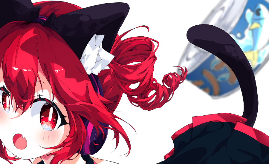 kasane teto, vocaloid, commentary, 1girl, animal ear fluff, animal ears, bright pupils, canned tuna, cat ears, cat girl, cat tail, drill hair, fang, headphones, kannpoyu, kemonomimi mode, looking at viewer, open mouth, red eyes, red hair, skin fang, solo, tail, twin drills, white pupils