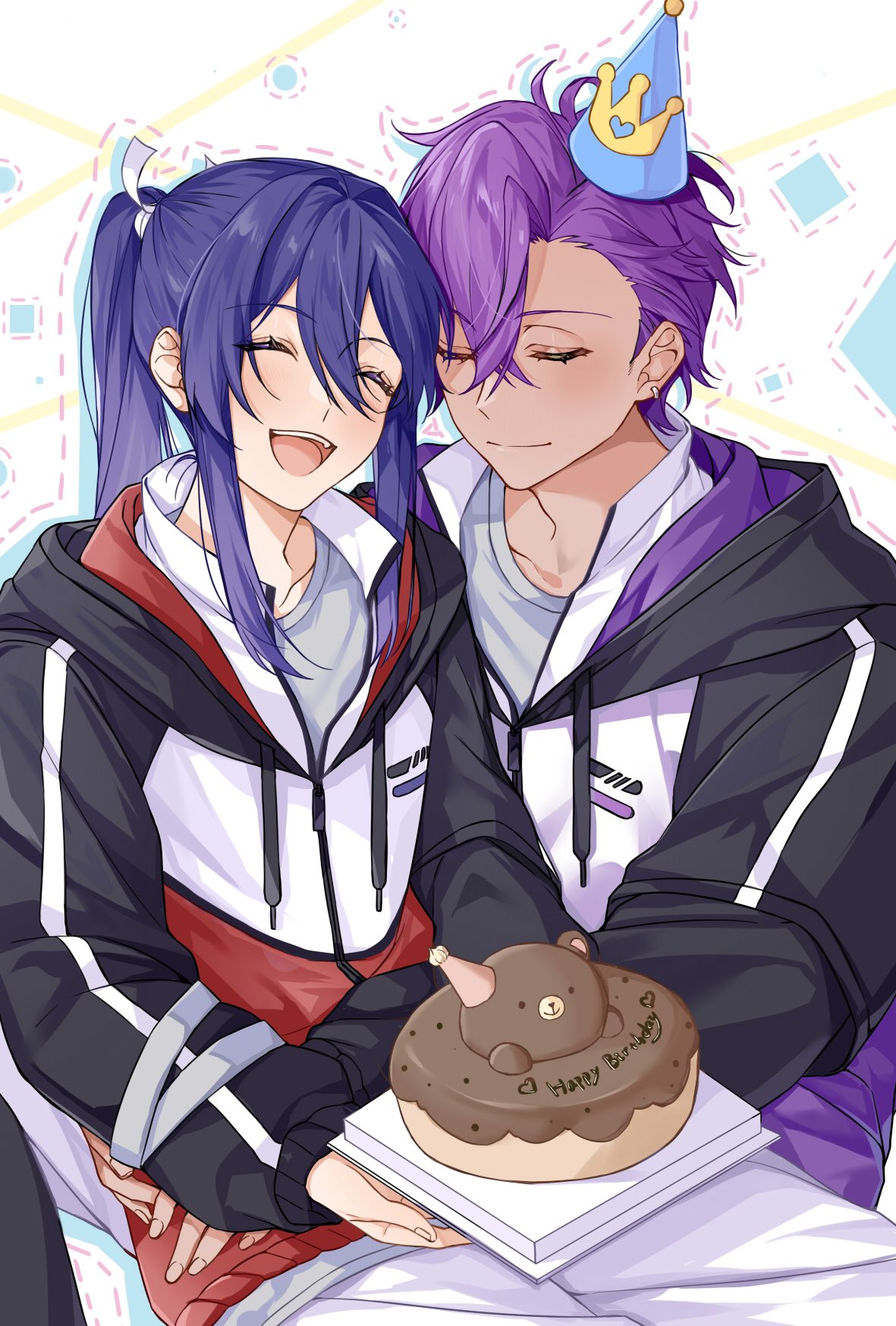 nancy980216, kanzaki souma, otogari adonis, ensemble stars!, highres, 2boys, :d, arms around waist, bear, birthday, birthday cake, black jacket, blush, cake, chocolate cake, closed eyes, closed mouth, collarbone peek, cowboy shot, curtained hair, dark-skinned male, dark skin, dotted line, double-parted bangs, drawstring, earrings, food, grey shirt, hair between eyes, hair intakes, hair slicked back, happy, happy birthday, heart, holding, holding tray, hood, hooded jacket, hug, jacket, jewelry, long hair, mini party hat, motoyui, multicolored jacket, multiple boys, open mouth, ponytail, purple hair, purple jacket, shirt, short hair, shorts, sidelocks, sitting, smile, teeth, track jacket, tray, upper teeth only, white background, white shorts
