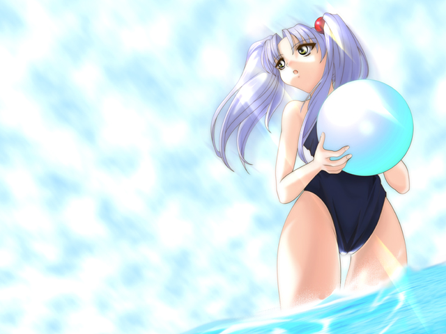 hoshino ruri, kidou senkan nadesico, ball, day, one-piece swimsuit, sky, solo, swimsuit, water