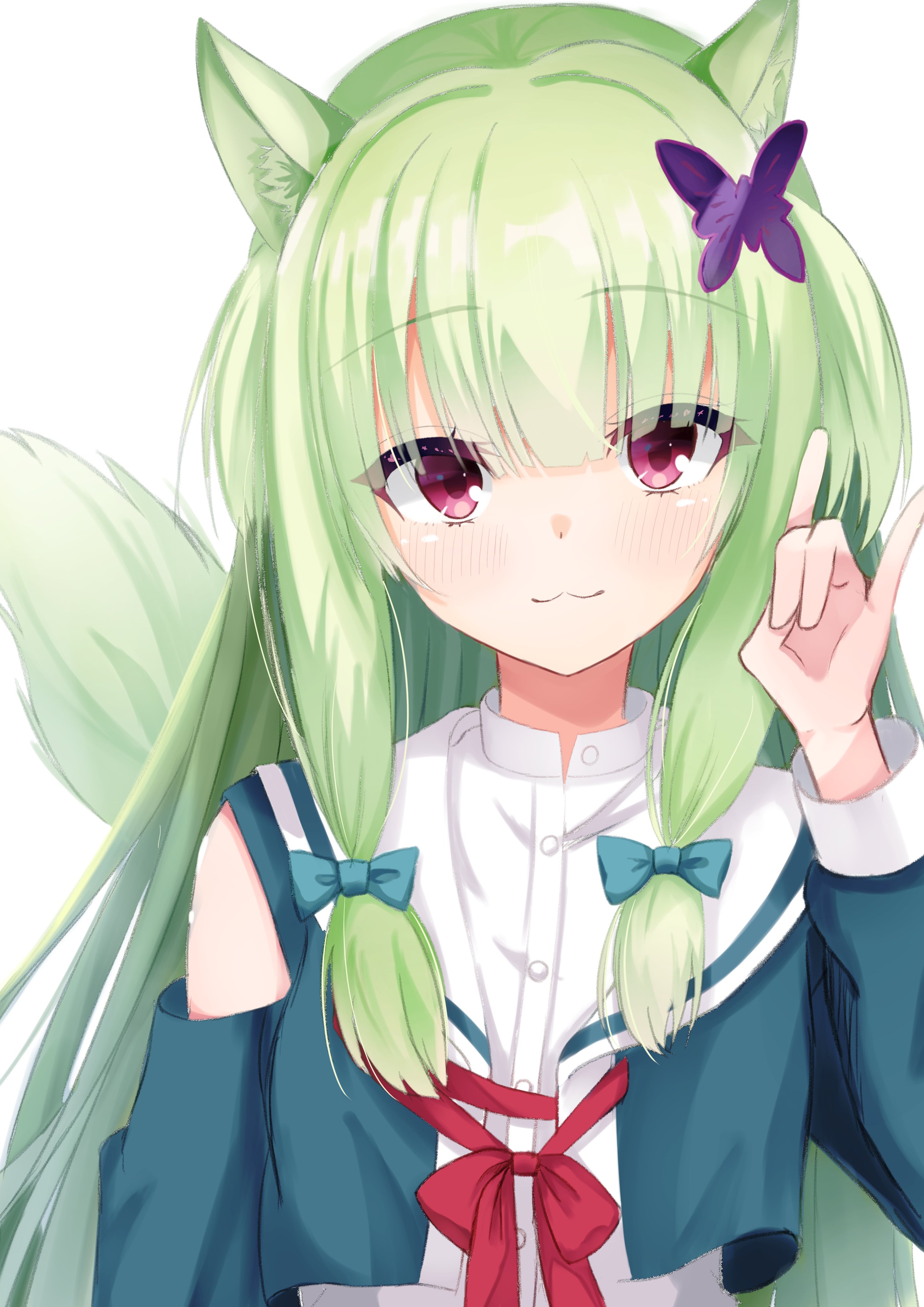 kiki0319i, murasame (senren), senren banka, absurdres, commentary, highres, 1girl, :3, animal ear fluff, animal ears, aqua bow, blunt bangs, blush, bow, bowtie, butterfly hair ornament, closed mouth, clothing cutout, eyelashes, eyes visible through hair, fox ears, fox girl, fox shadow puppet, fox tail, green hair, green jacket, hair bow, hair ornament, hand up, jacket, kemonomimi mode, long hair, long sleeves, looking at viewer, low-tied long hair, red bow, red bowtie, red eyes, sailor collar, school uniform, serafuku, shirt, shoulder cutout, sidelocks, simple background, smile, solo, straight hair, tail, tail raised, two side up, upper body, very long hair, white background, white sailor collar, white shirt