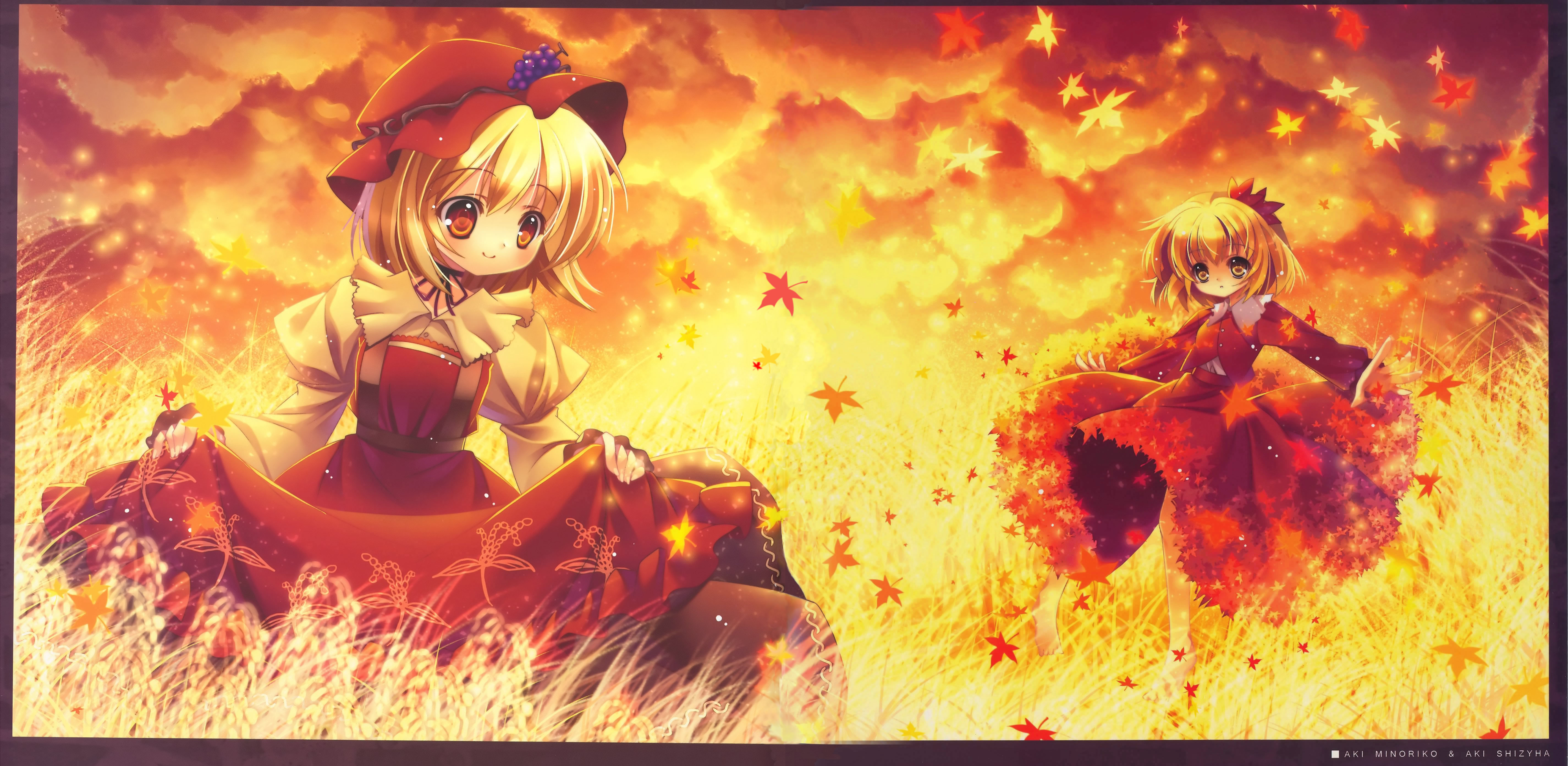 capura lin, aki minoriko, aki shizuha, touhou, absurdres, highres, 2girls, autumn, autumn leaves, barefoot, black ribbon, black skirt, blonde hair, buttons, choker, clothes lift, cloud, cloudy sky, collared shirt, falling leaves, female focus, food-themed hair ornament, full body, hair ornament, hat, jacket, juliet sleeves, leaf, leaf hair ornament, long sleeves, looking down, maple leaf, mob cap, multiple girls, orange eyes, puffy sleeves, red hat, red jacket, ribbon, ribbon choker, shirt, short hair, siblings, sisters, skirt, skirt hold, skirt lift, sky, smile, wheat, white shirt, yellow eyes