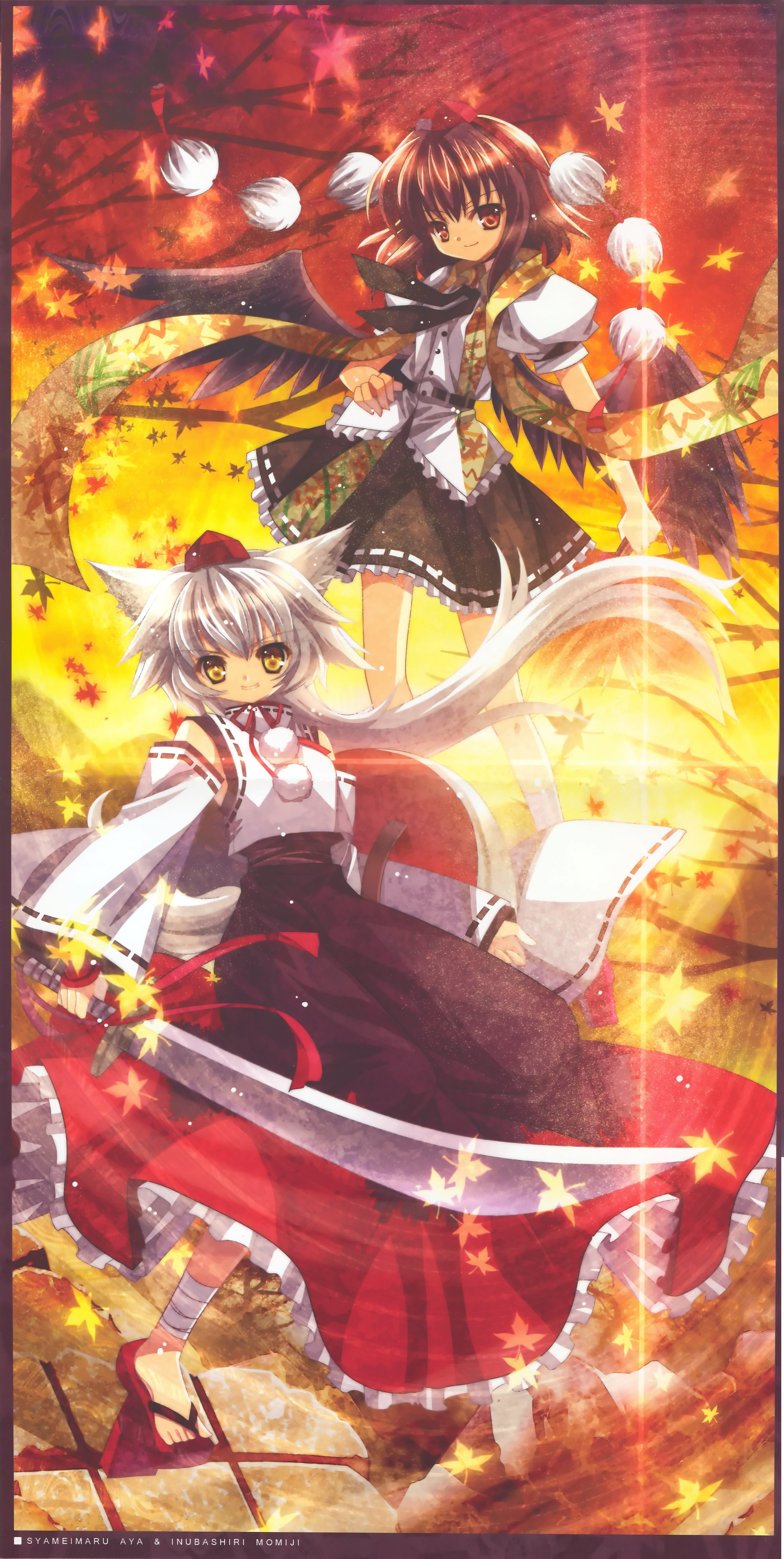 capura lin, inubashiri momiji, shameimaru aya, touhou, absurdres, highres, scan, 2girls, animal ears, black wings, female focus, hat, leaf, long skirt, multiple girls, skirt, sword, tail, weapon, wings, wolf ears, wolf tail