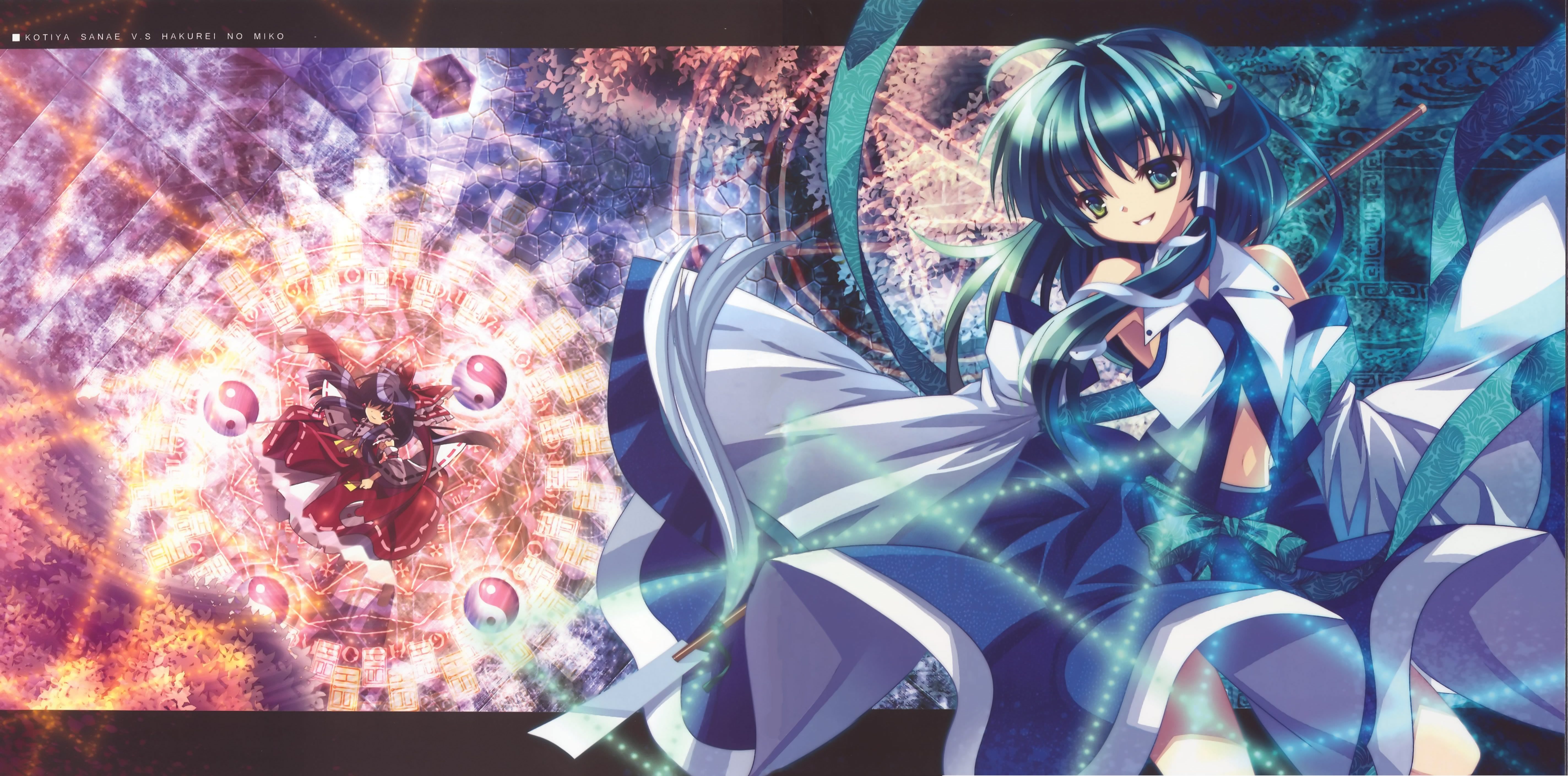 capura lin, hakurei reimu, kochiya sanae, touhou, absurdres, highres, 2girls, battle, black hair, brown eyes, danmaku, female focus, gohei, green eyes, green hair, hair over one eye, letterboxed, multiple girls, outside border, wide sleeves, yin yang