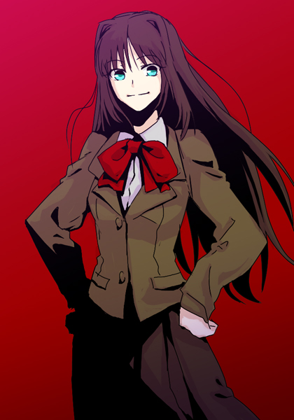 kuroi nyan, aozaki aoko, mahou tsukai no yoru, tsukihime, 00s, 1girl, aqua eyes, bow, female focus, hair intakes, hands on own hips, long hair, purple hair, school uniform, serafuku, skirt, smile, solo