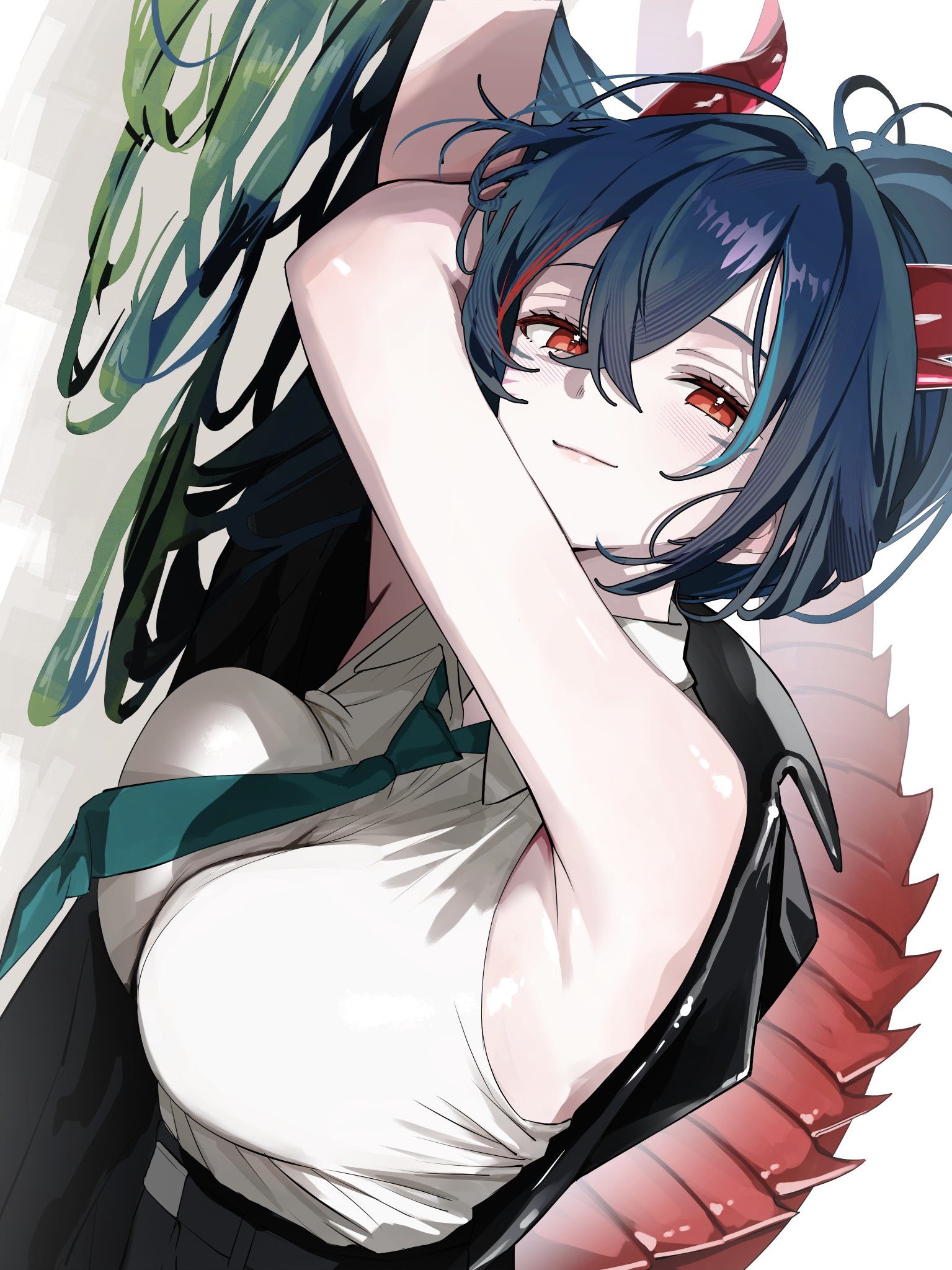 yamai yurika, original, highres, 1girl, armpits, bare arms, bare shoulders, black jacket, blue hair, breasts, closed mouth, collared shirt, dragon horns, dragon tail, gradient hair, green hair, green necktie, horns, jacket, jacket on shoulders, large breasts, long hair, looking at viewer, lying, multicolored hair, necktie, on side, ponytail, red eyes, shirt, sleeveless, sleeveless shirt, smile, solo, tail, white shirt