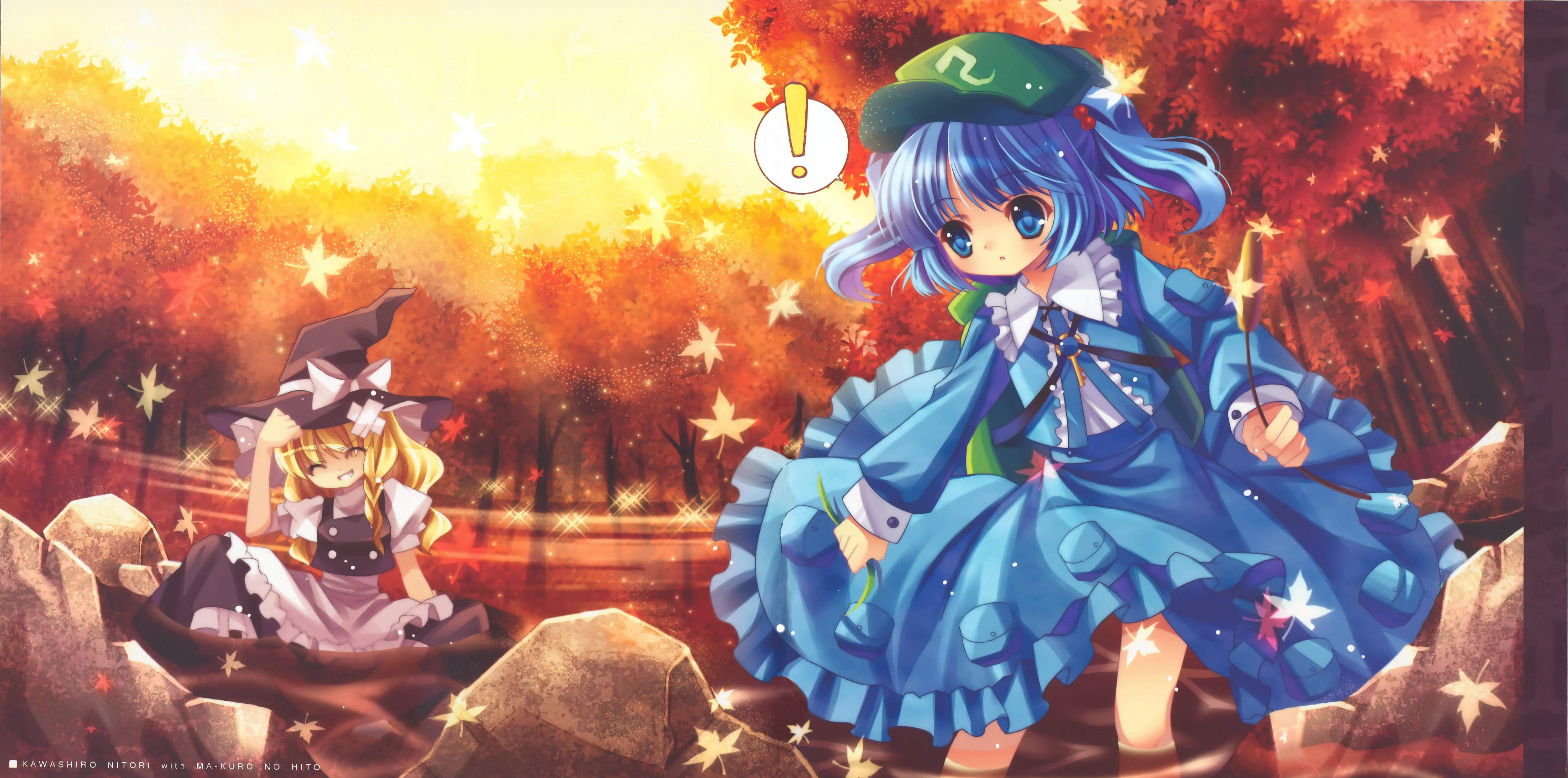 capura lin, kawashiro nitori, kirisame marisa, touhou, absurdres, highres, md5 mismatch, resolution mismatch, source smaller, !, 2girls, autumn, backpack, bag, blonde hair, blue eyes, blue hair, blue skirt, collar, female focus, frilled shirt collar, frilled skirt, frills, hair bobbles, hair ornament, hat, key, leaf, multiple girls, short hair, skirt, twintails, two side up, white collar