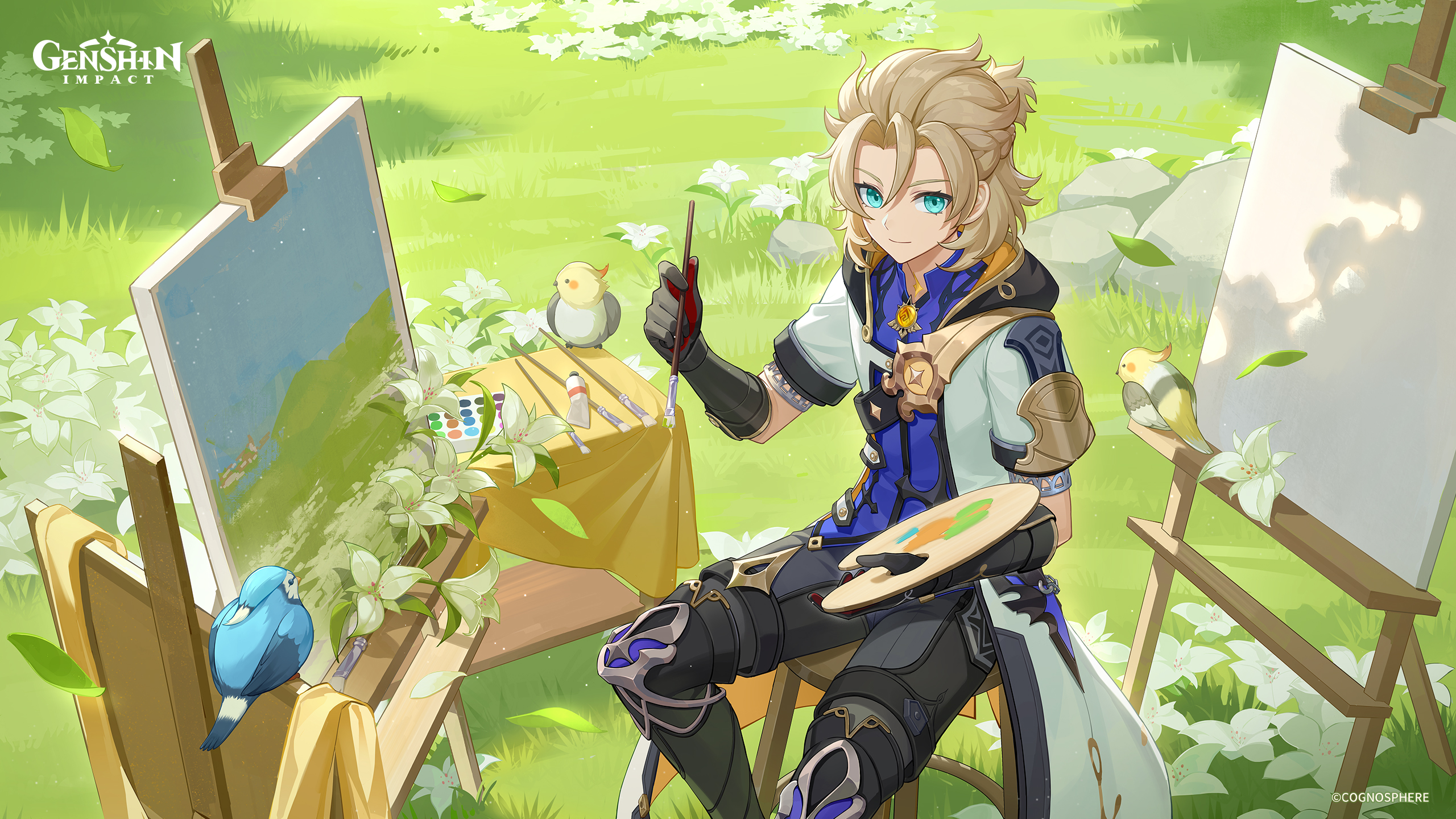 albedo (genshin impact), genshin impact, highres, official art, 1boy, aqua eyes, armor, bird, black gloves, black hood, black pants, blonde hair, blue shirt, braid, closed mouth, coat, flower, gloves, gold trim, grass, hair between eyes, holding, hood, hooded coat, looking at viewer, male focus, paintbrush, painting (object), pants, shirt, short hair, short sleeves, smile, solo, two-tone gloves, white coat