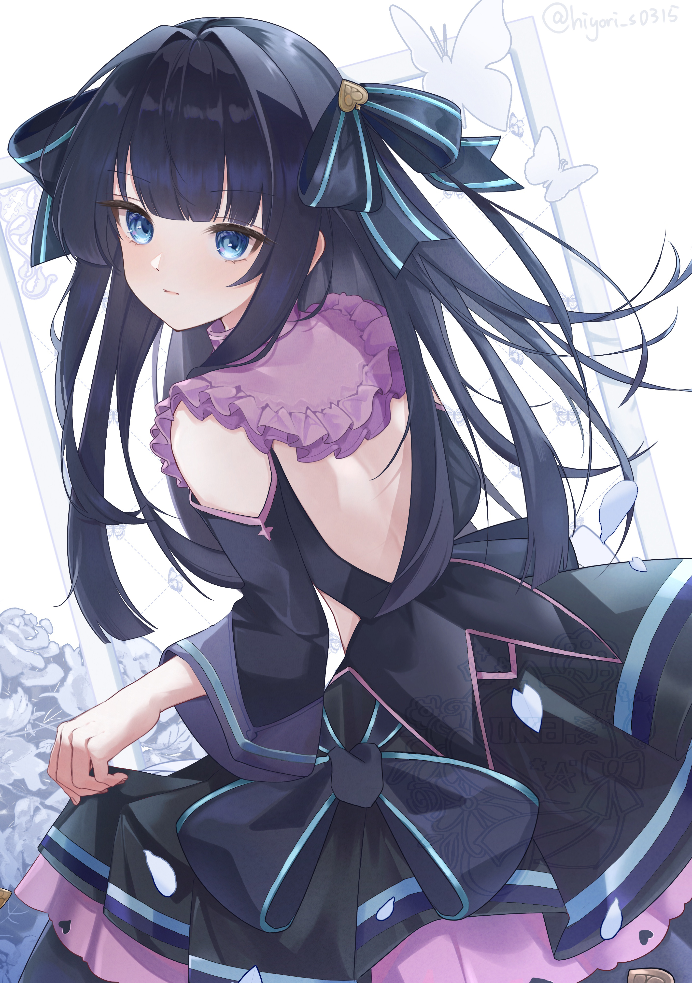 hiyori s0315, tairitsu (arcaea), arcaea, absurdres, highres, 1girl, backless shirt, bare shoulders, black bow, black bowtie, black hair, black ribbon, black shirt, blue eyes, bow, bowtie, breasts, clothes lift, clothing cutout, detached sleeves, expressionless, hair ribbon, high heels, long hair, long sleeves, looking back, medium breasts, pleated skirt, ribbon, shirt, shoulder cutout, skirt, skirt lift, solo, spade (shape), upper body, white background