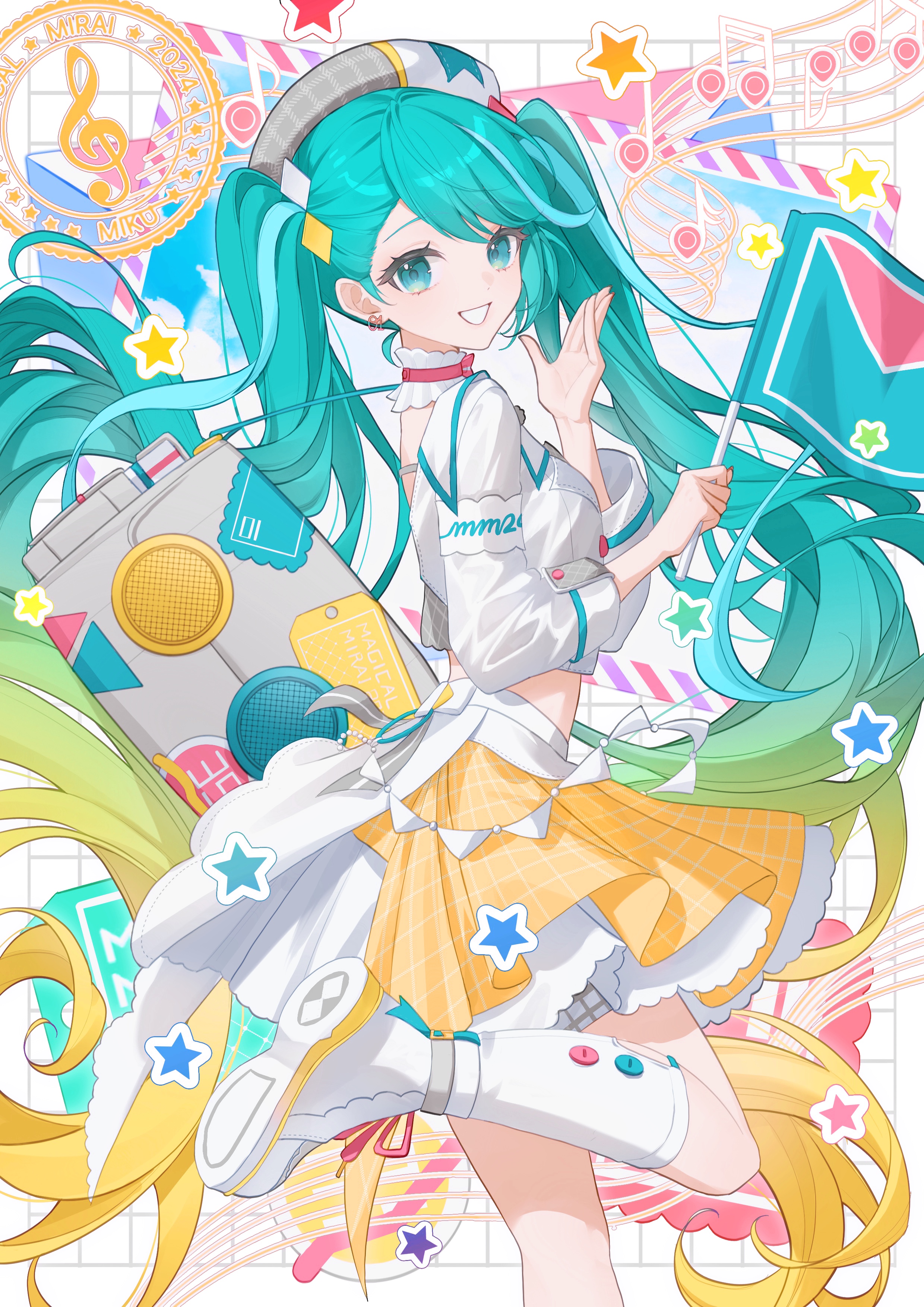 hatsune miku, magical mirai miku, magical mirai miku (2024), vocaloid, absurdres, highres, 1girl, bag, blonde hair, blue hair, foot out of frame, gradient hair, grey hat, grid background, grin, hands up, hat, long hair, long sleeves, looking at viewer, multicolored hair, musical note, osage, plaid clothes, plaid skirt, shirt, shoes, skirt, smile, socks, solo, standing, standing on one leg, star (symbol), twintails, white shirt, white shoes, white socks, yellow skirt
