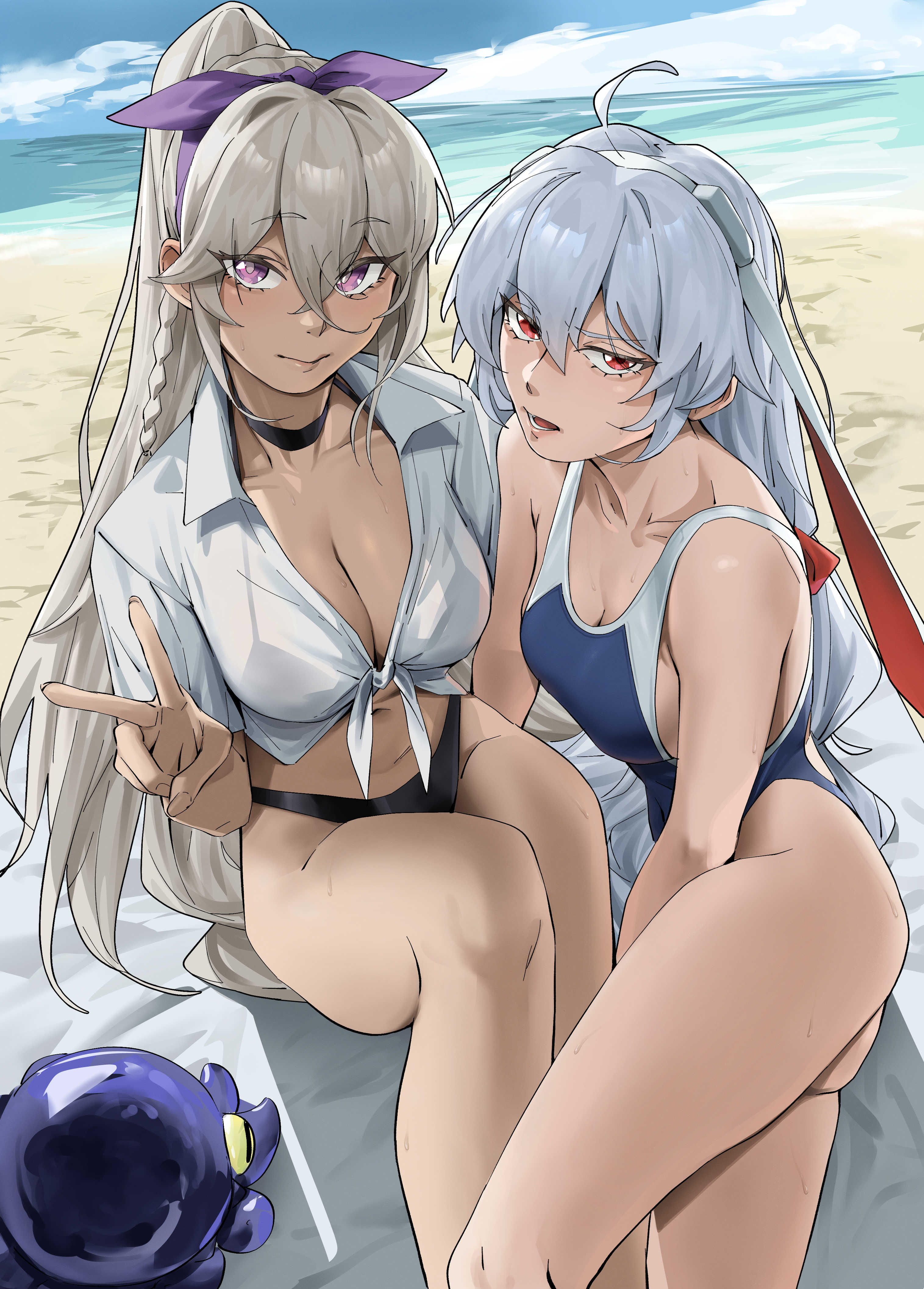 emile aoi, krolik (girls' frontline 2), nemesis (girls' frontline 2), girls' frontline, girls' frontline 2: exilium, girls' frontline neural cloud, absurdres, commentary, highres, 2girls, ahoge, alternate costume, animal ear hairband, animal ears, beach, bikini, black bikini, blue sky, bow, bow hairband, breasts, cleavage, closed mouth, cloud, collared shirt, competition swimsuit, dark-skinned female, dark skin, diminutive entropic, fake animal ears, grey hair, hairband, long hair, looking at viewer, lower teeth only, multiple girls, ocean, one-piece swimsuit, open mouth, purple bow, purple eyes, purple hairband, rabbit ears, red eyes, shirt, short sleeves, sitting, sky, swimsuit, teeth, tied shirt, v, white hair, white shirt