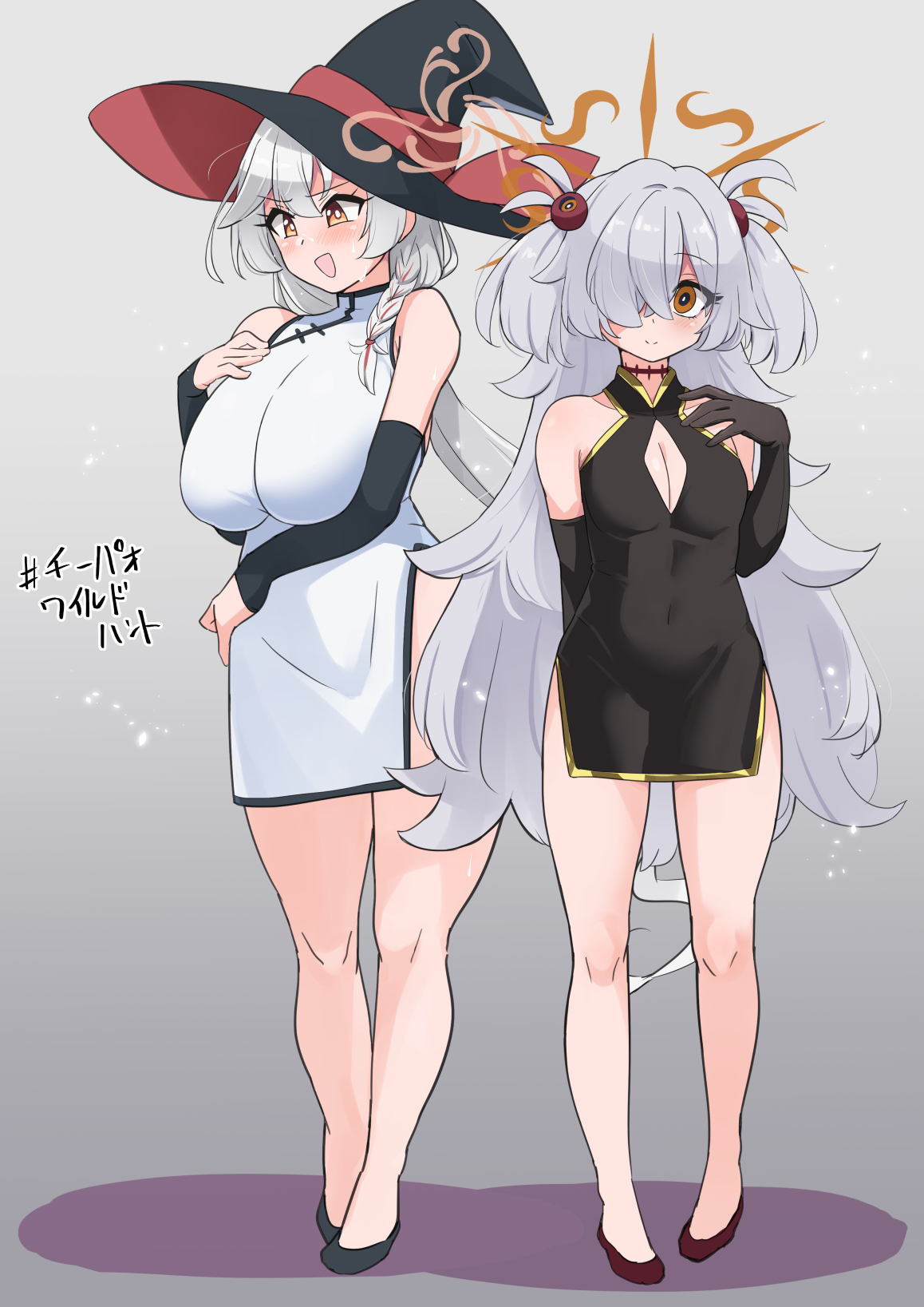 yuuichi (reductionblack), eri (blue archive), kanoe (blue archive), blue archive, highres, translation request, 2girls, bare shoulders, black dress, black gloves, black hat, blush, braid, breasts, brown eyes, china dress, chinese clothes, choker, cleavage cutout, clothing cutout, detached sleeves, dress, elbow gloves, full body, gloves, hair ornament, halo, hat, large breasts, long hair, looking at viewer, multiple girls, open mouth, orange eyes, pelvic curtain, short dress, side slit, small breasts, smile, thighs, two side up, white dress, white hair, witch hat