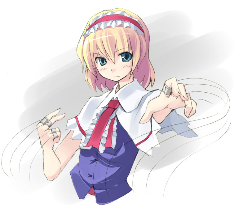seo tatsuya, alice margatroid, touhou, 1girl, blue dress, capelet, dress, female focus, frills, hairband, looking at viewer, simple background, solo, string, upper body, white background